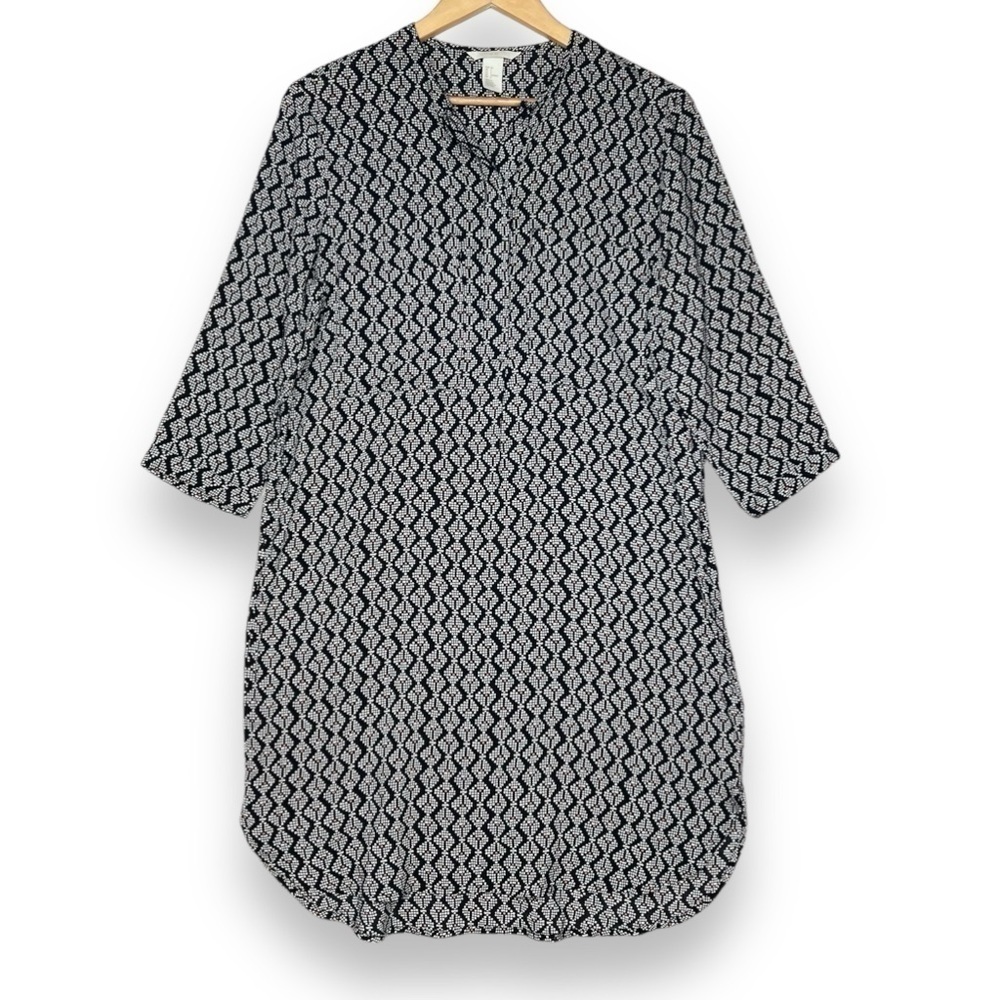 H&M Geometric Tribal Shirt Dress Tunic Women's sz 6 Black White 3/4 Sleeve